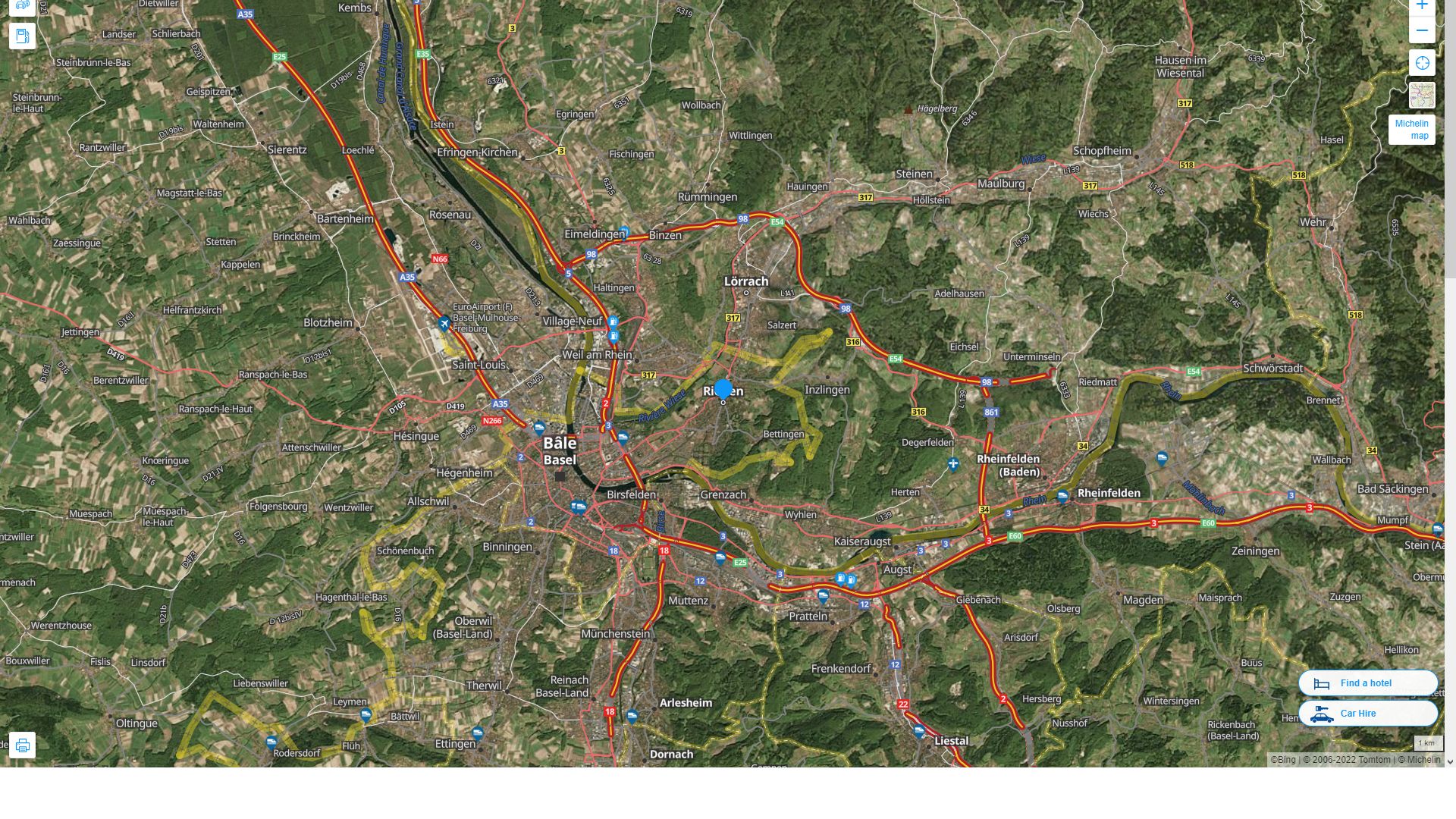 Riehen Suisse Autoroute et carte routiere avec vue satellite